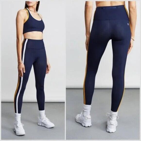 All Access Full Length Leggings XS Curved Hem Navy Blue White Stripe Athleisure - Picture 1 of 4